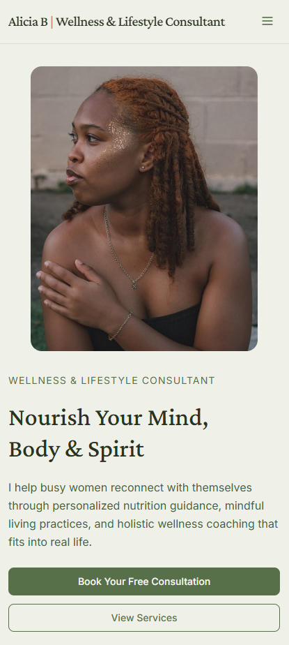 Alicia B Wellness mobile concept showing a grounded wellness website layout