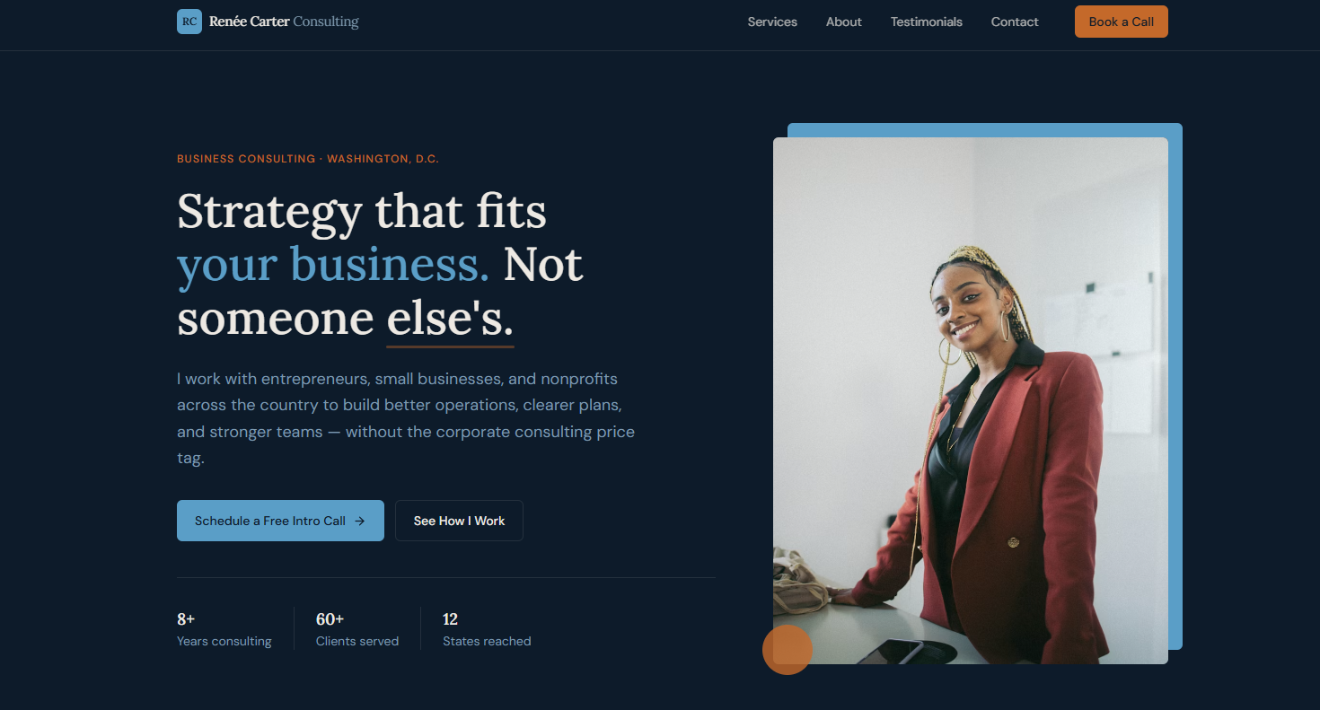 Renee Carter Consulting desktop concept with professional service sections and trust-building content