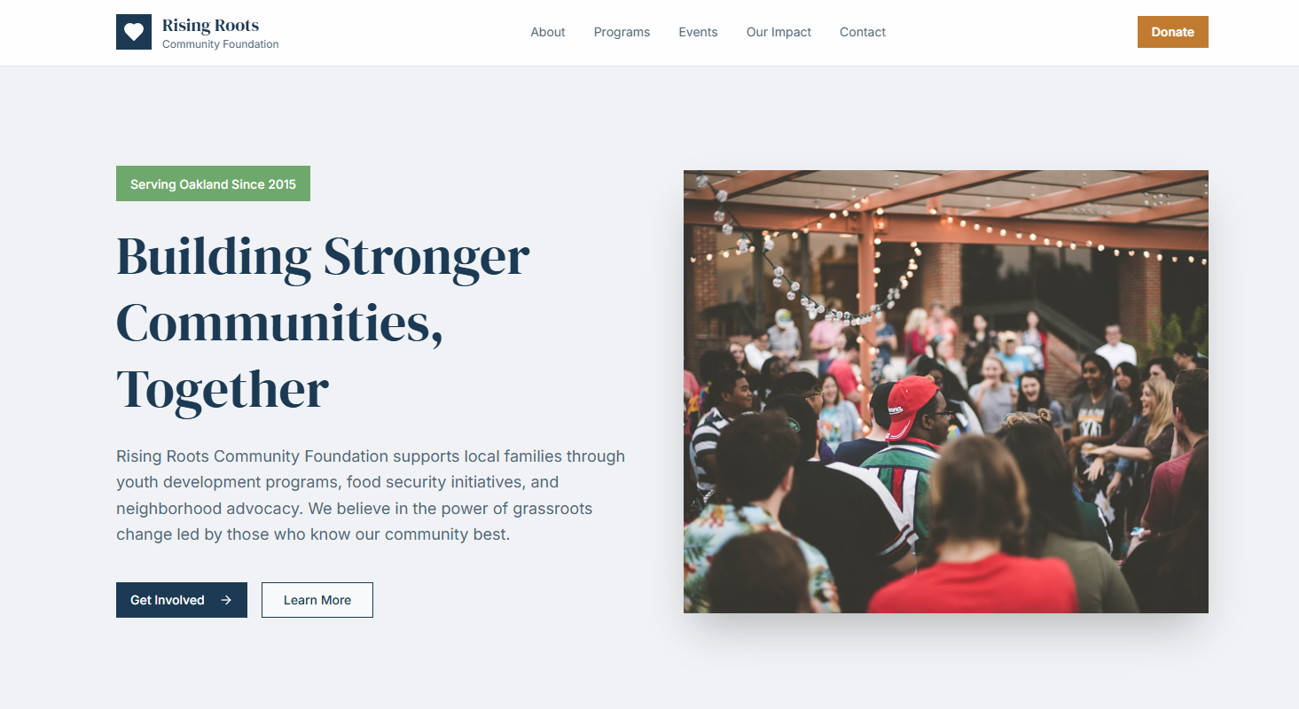 Rising Roots desktop concept showing a welcoming community organization homepage with program-focused content