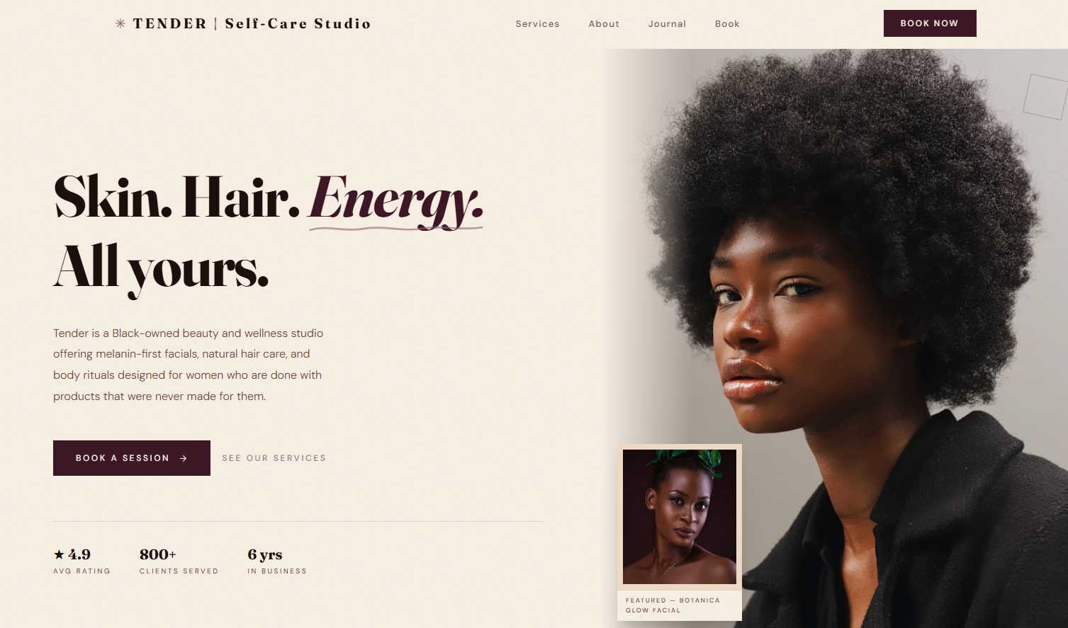 Tender Self Care Studio desktop concept showing a warm beauty and self-care website homepage